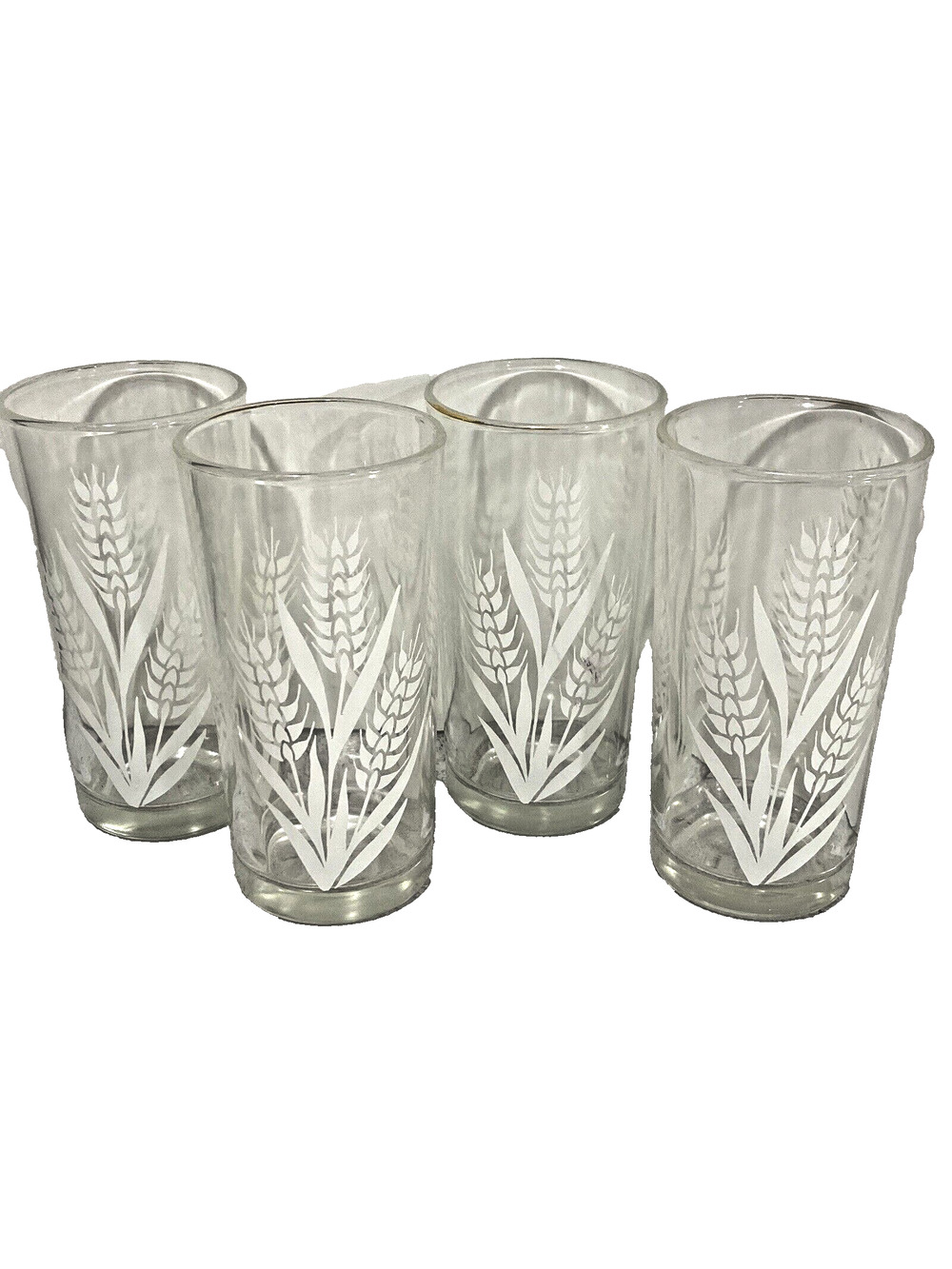 Vintage Mid Century Glassware Set of 4 Glasses Clear White Wheat Motif Tumblers